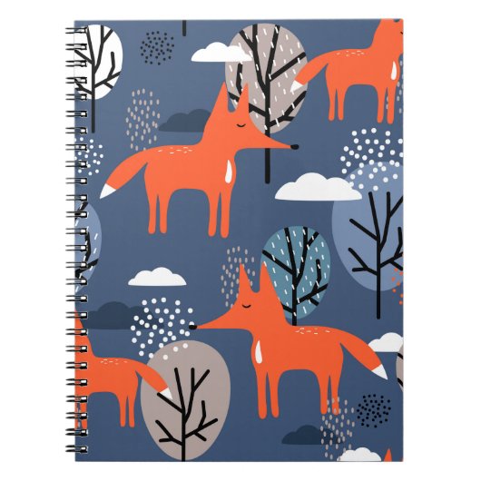 キツネや木、手描きの背景。カラフル海 ノートブック (正面)