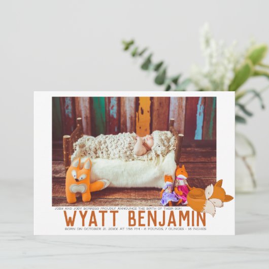 キツネをテーマにした出産告知カード 案内状 (スタンド正面)