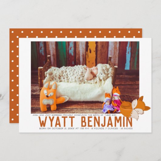 キツネをテーマにした出産告知カード 案内状 (正面/裏面)