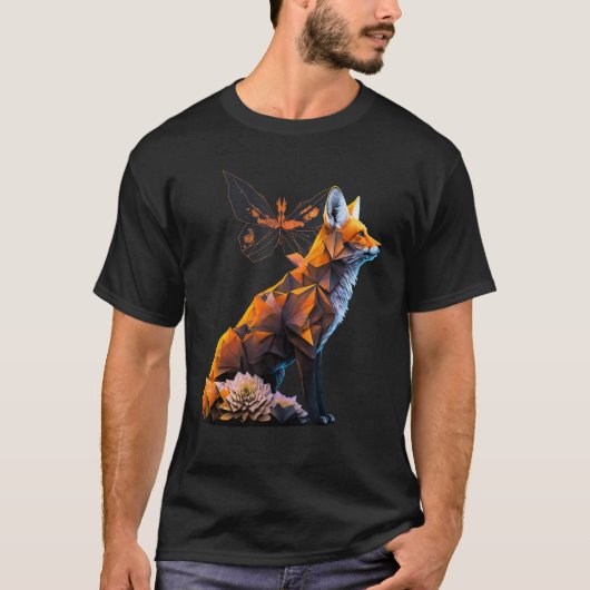 キツネアニマルアートバタフライフラワーズキツネ Tシャツ (正面)