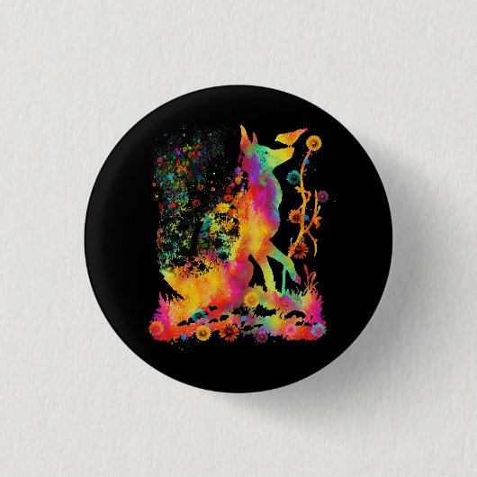 キツネアートアニマルアートキツネ絞り染め春フラワーW 缶バッジ (正面)