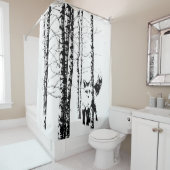 キツネイン樺の木林白黒シルエット動物 シャワーカーテン (インサイチュ)