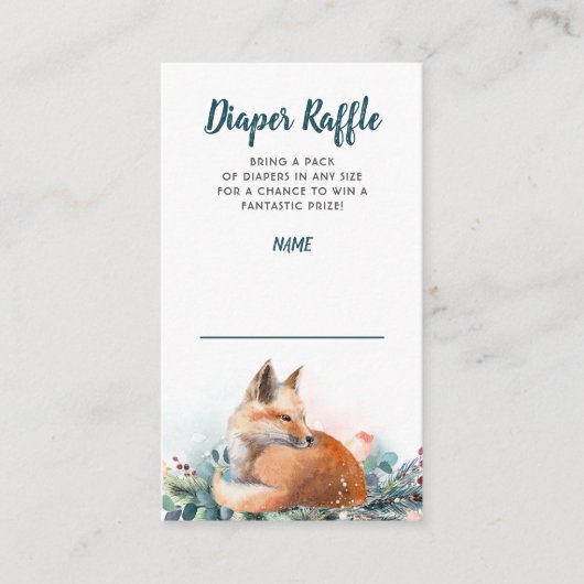 キツネウィンターウッドランド赤ちゃんシャワーおむつラッフル エンクロージャーカード (正面)