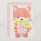 キツネウィンターオネダーランドピンク1st誕生日招待状 招待状 (正面/裏面)