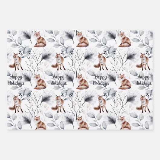 キツネウォーターカラーウッドランドイラストレーションクリスマス ラッピングペーパーシート (正面3)
