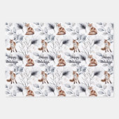 キツネウォーターカラーウッドランドイラストレーションクリスマス ラッピングペーパーシート (正面)