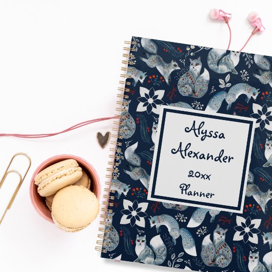 キツネウッドランドウォーターカラーモノグラムのアートネームブルー プランナー手帳