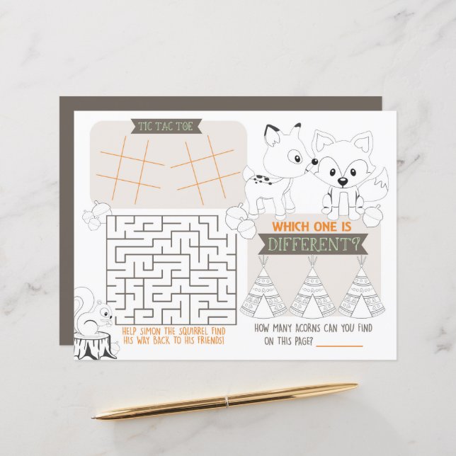 キツネウッドランドキッズランチョンマットアクティビティゲームシート (正面/裏面インサイチュ)