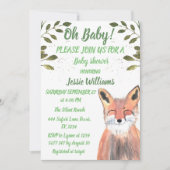 キツネウッドランド動物グリーン素朴男の赤ちゃんシャワー 招待状 (正面)