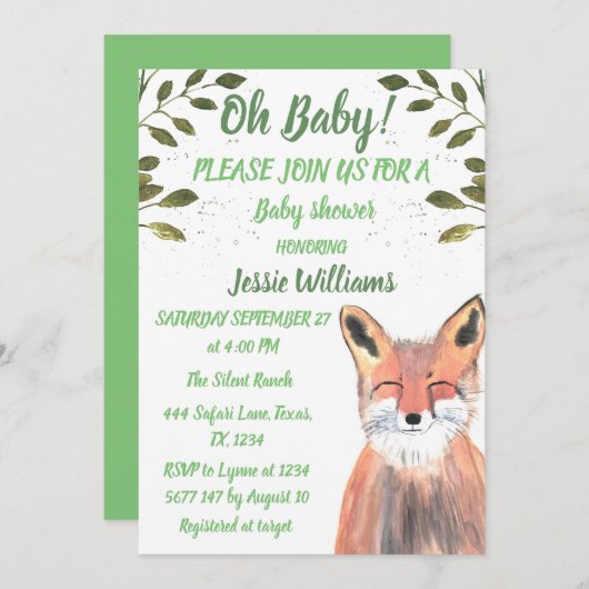 キツネウッドランド動物グリーン素朴男の赤ちゃんシャワー 招待状 (正面/裏面)