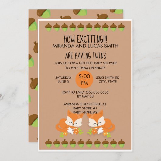 キツネウッドランド動物双生児ベビーシャワー招待状 招待状 (正面/裏面)