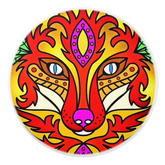 キツネウルフボホ抽象芸術アートレッドパープル セラミックノブ (正面)