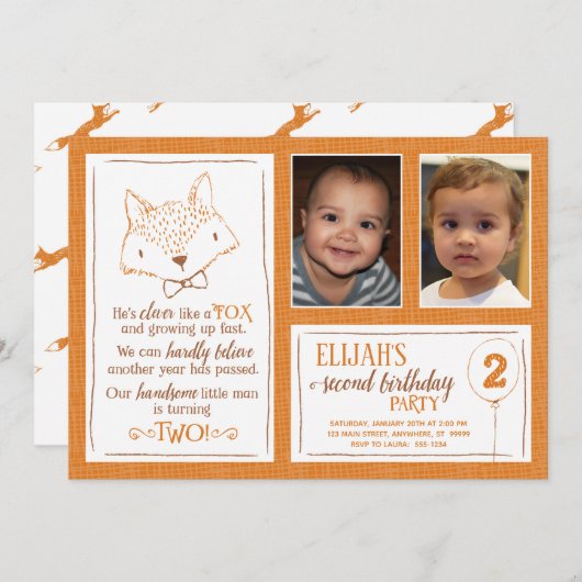 キツネオレンジホワイト第2バースデーフォト招待状 招待状 (正面/裏面)