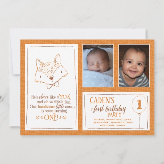 キツネオレンジホワイト1thバースデーフォト招待状 招待状 (正面)
