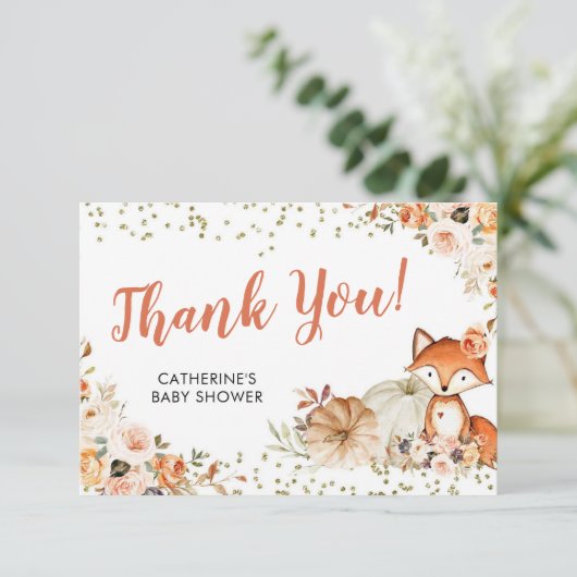 キツネオ女子秋カボチャ赤ちゃんシャワーありがとう サンキューカード (スタンド正面)