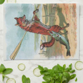 キツネカエル魚釣りアンティークイラストレーション キッチンタオル (折り畳み)