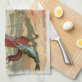 キツネカエル魚釣りアンティークイラストレーション キッチンタオル (四つ折り)