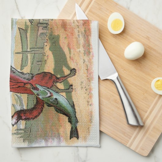 キツネカエル魚釣りアンティークイラストレーション キッチンタオル (四つ折り)