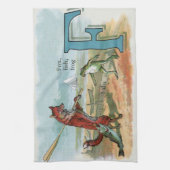 キツネカエル魚釣りアンティークイラストレーション キッチンタオル (縦)