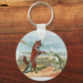 キツネカエル魚釣りアンティークイラストレーション キーホルダー (正面)