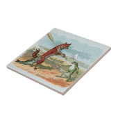 キツネカエル魚釣りアンティークイラストレーション タイル (側面)