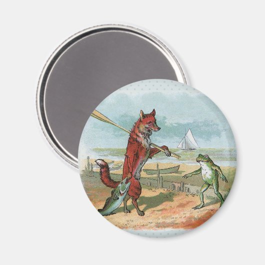 キツネカエル魚釣りアンティークイラストレーション マグネット (正面/裏面)