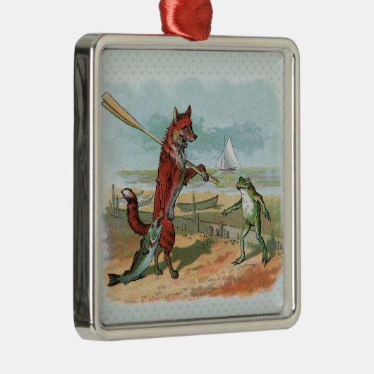 キツネカエル魚釣りアンティークイラストレーション メタルオーナメント (右)