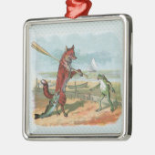 キツネカエル魚釣りアンティークイラストレーション メタルオーナメント (左)