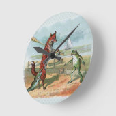 キツネカエル魚釣りアンティークイラストレーション ラウンド壁時計 (傾斜)