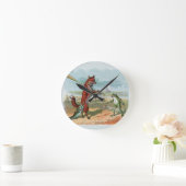 キツネカエル魚釣りアンティークイラストレーション ラウンド壁時計 (ホーム)
