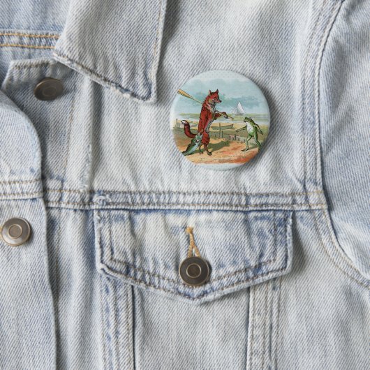 キツネカエル魚釣りアンティークイラストレーション 缶バッジ (インサイチュ)