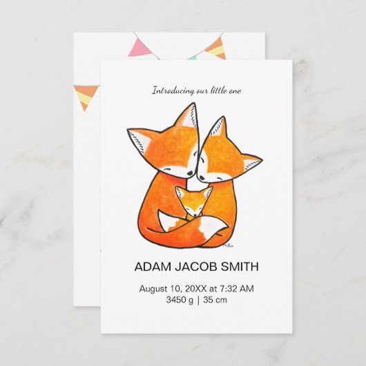 キツネカスタムファミリーベビー生誕通知カード サンキューカード (正面/裏面)