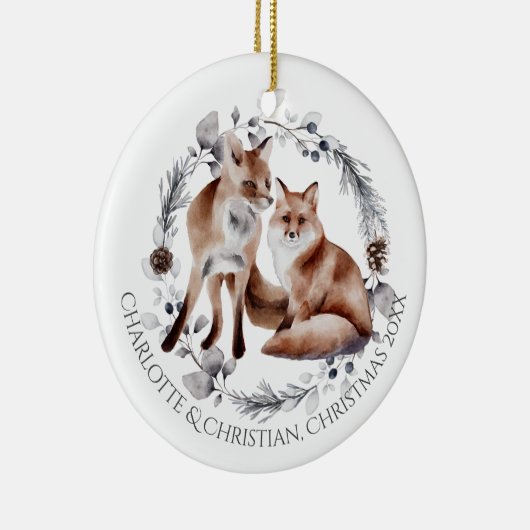 キツネカップル冬リースクリスマスパーソナライズされた セラミックオーナメント (右)