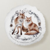 キツネカップル冬リースクリスマスパーソナライズされた ラウンドクッション (裏面)