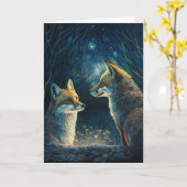 キツネカップル、月明かりの中でお互いを見て。 カード (黄色い花)