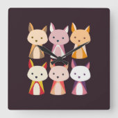 キツネカラフル漫画 スクエア壁時計 (正面)