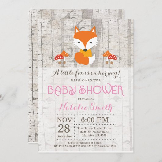 キツネガールベビーシャワー招待状ウッドランド素朴 招待状 (正面/裏面)