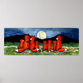 キツネキツネファミリーウォッチングムーンポスターネイビーナイト ポスター