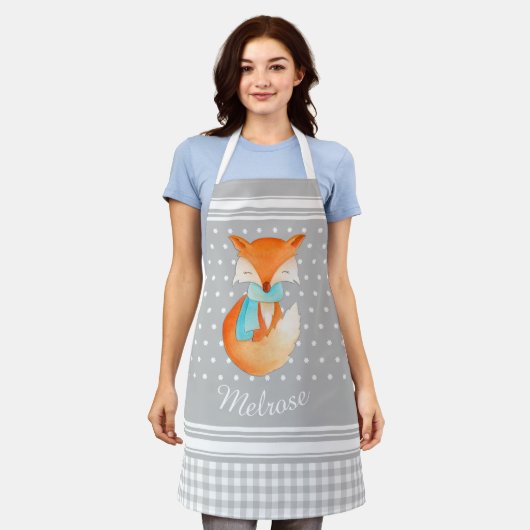 キツネキューブとスカーフアートの名前グレーホワイト エプロン (着用した状態)