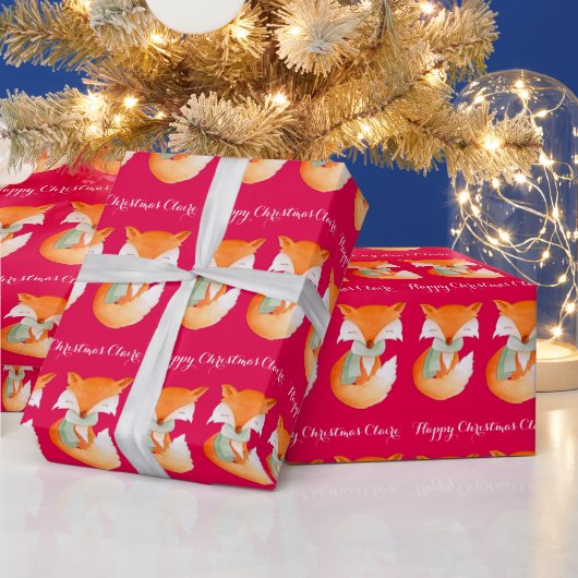 キツネキューブウィンターアート名クリスマスレッドラップ ラッピングペーパー (クリスマス)