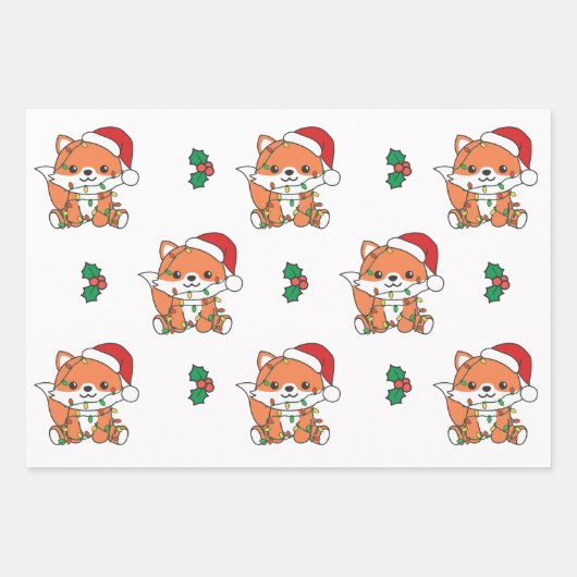 キツネクリスマスウィンターアニマルズホリデーキツネ ラッピングペーパーシート (正面)