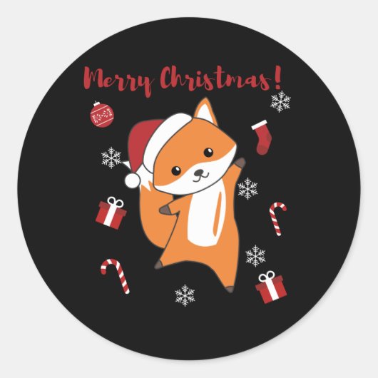 キツネクリスマススノーウィンターアニマルズキツネ ラウンドシール (正面)
