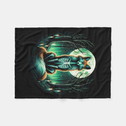 キツネクールスケルトンハロウィーンクリスマス誕生日 フリースブランケット (正面(横))