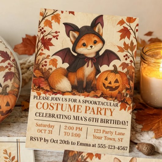 キツネコウモリのハロウィンコスチューム誕生日パーティー 招待状