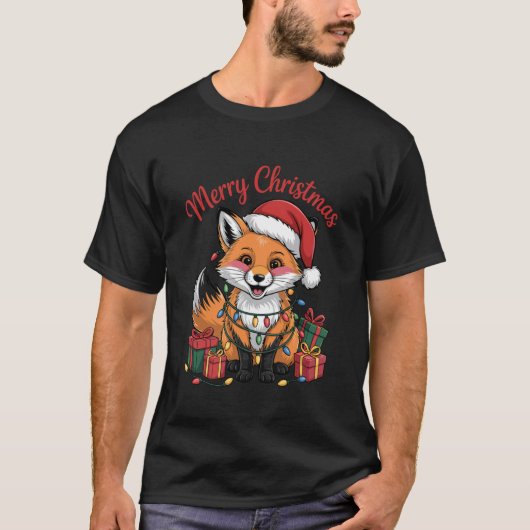 キツネサンタ帽子のクリスマスデザイン面白い動物好き Tシャツ (正面)