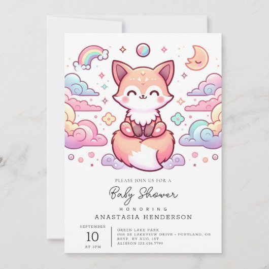 キツネシンプルエンチャント赤ちゃんシャワー 招待状 (正面)