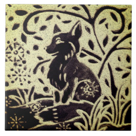 キツネスノーグレーグリーンストーンウェアウィンターウッドランドアート タイル