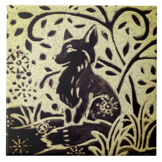 キツネスノーグレーグリーンストーンウェアウィンターウッドランドアート タイル (正面)
