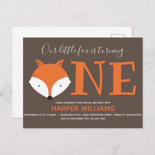 キツネターニング第1動物誕生日 インビテーションポストカード (正面/裏面)