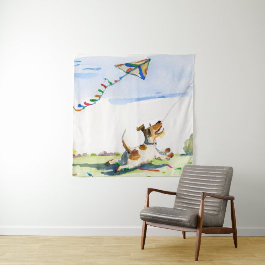 キツネテリアが公園の水の色で凧を追う タペストリー (インサイチュ)